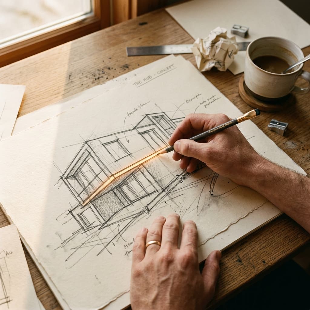 Manos bocetando una idea sobre papel crema — el momento en que una idea empieza a tomar forma